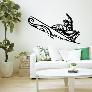 Black snowboarder wall decal with board and motion lines