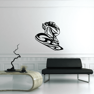 Snowboarding wall decal: black snowboarder silhouette with swirling board design
