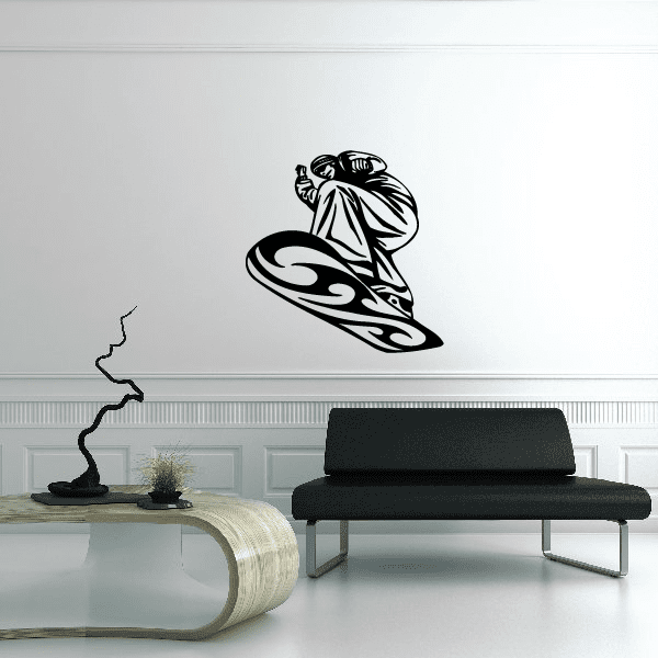 Snowboarding wall decal: black snowboarder silhouette with swirling board design