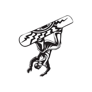 Snowboarding wall decal showing black-and-white snowboarder with long board