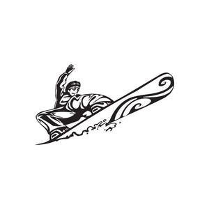 Snowboarding wall decal of a black-and-white snowboarder with board and tribal swirls