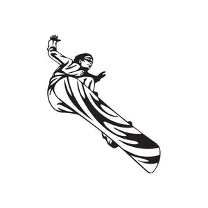 Snowboarding wall decal: black snowboarder on striped snowboard