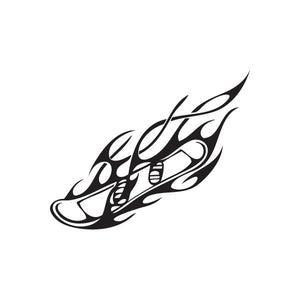 Black tribal snowboarding wall decal with flame-like swoosh and board graphic