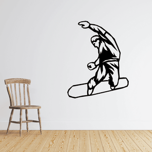 Black snowboarder vinyl wall decal silhouette, kneeling on a snowboard