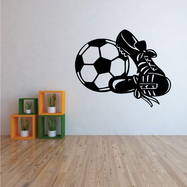 Soccer ball and cleats wall decal, black-and-white vinyl graphic