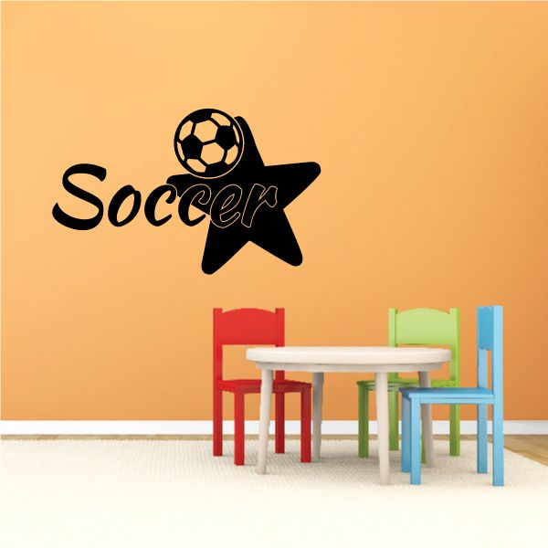 Soccer wall decal featuring a soccer ball in a black star with the word 'Soccer'