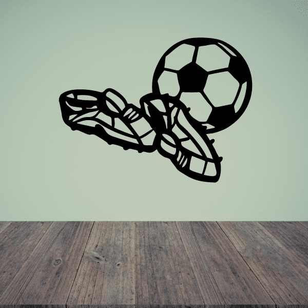 Soccer cleats wall decal with soccer ball and black boot kick icon