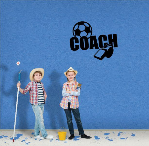 Black soccer coach whistle wall decal with soccer ball and 'COACH' lettering
