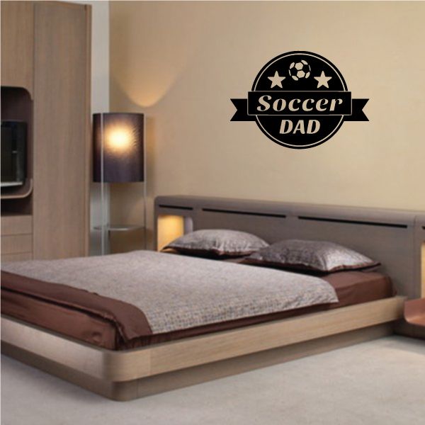 Vinyl wall decal with black Soccer Dad soccer ball emblem, banner and stars