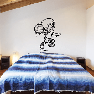 Soccer goalie wall decal, child throwing a ball with soccer ball graphic