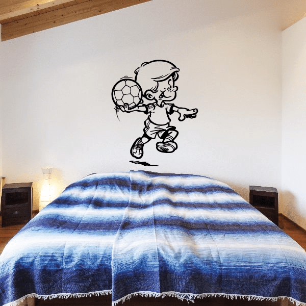 Soccer goalie wall decal, child throwing a ball with soccer ball graphic