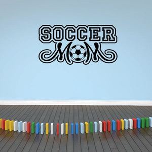 Soccer mom wall decal reading 'SOCCER MOMS' with soccer ball, black and white