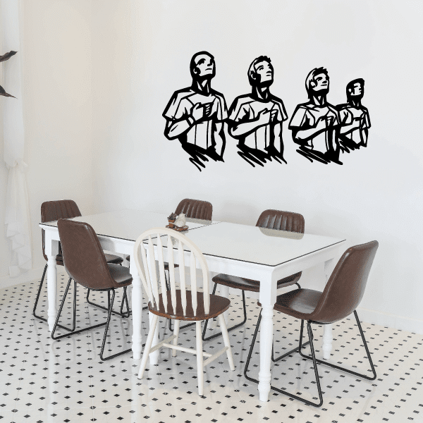 Soccer player national anthem wall decal, black and white figures standing with hands on hearts