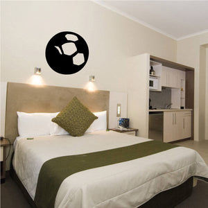 Soccer ball wall decal, black circular design with white soccer ball silhouette