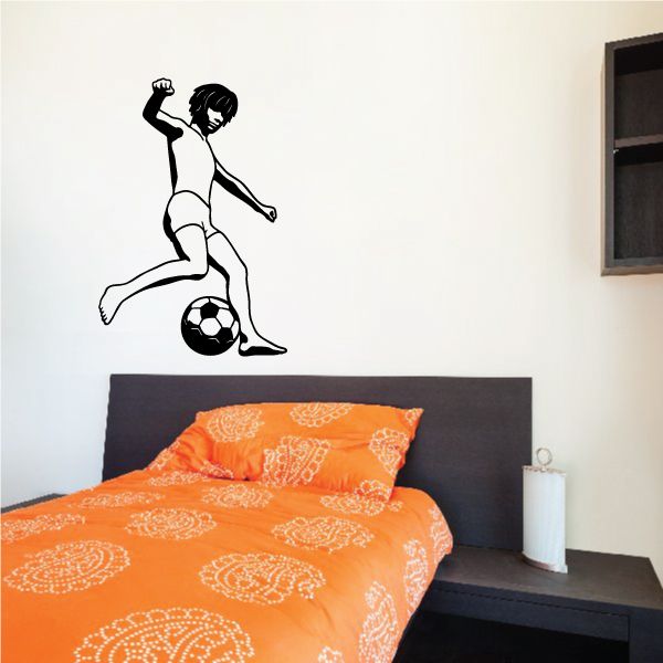 Soccer player wall decal vinyl with black silhouette and soccer ball