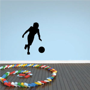 Soccer wall decal vinyl sticker with black soccer player silhouette and ball