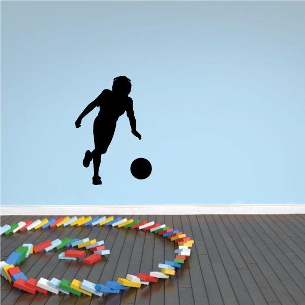 Soccer wall decal vinyl sticker with black soccer player silhouette and ball