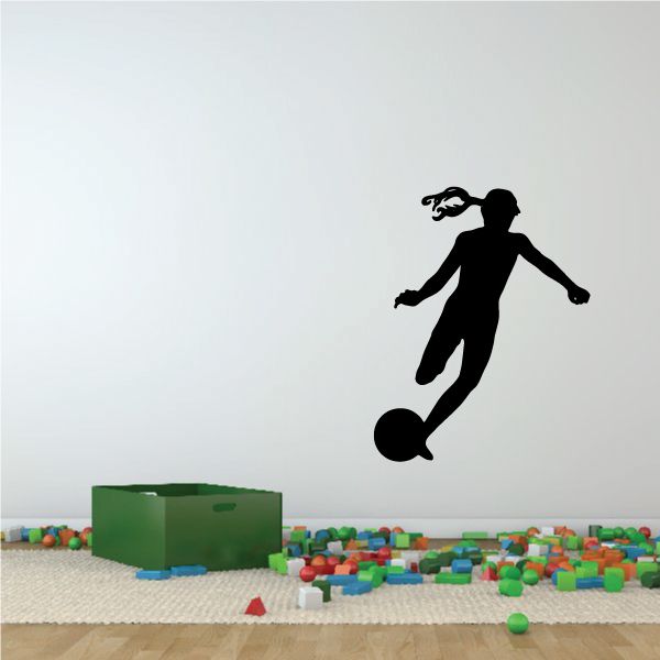 Soccer player wall decal, black vinyl silhouette running with a ball