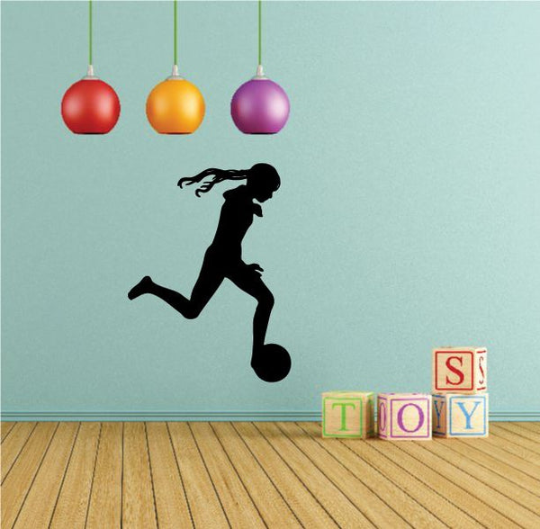Black soccer player wall decal silhouette with running pose; vinyl sticker design