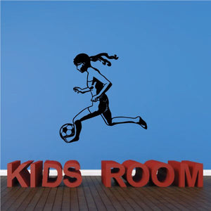 Soccer wall decal with black running player, soccer ball, and red 'KIDS ROOM' text