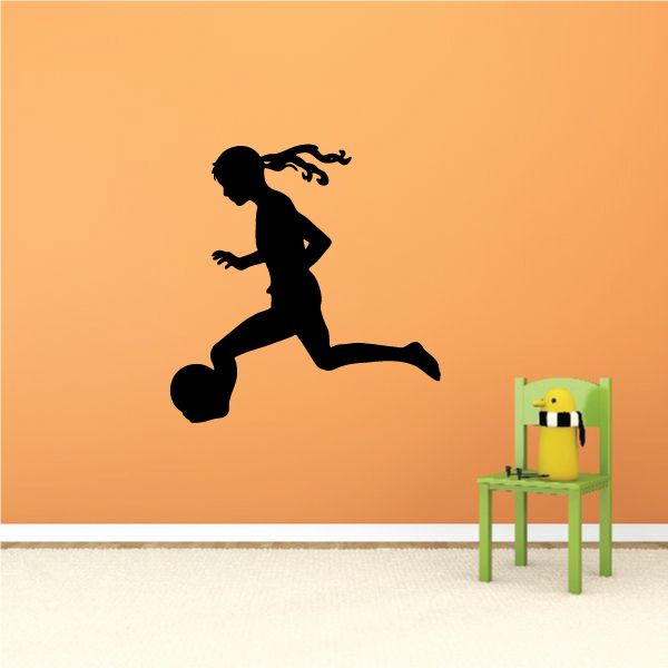 Soccer player wall vinyl decal silhouette running with ball