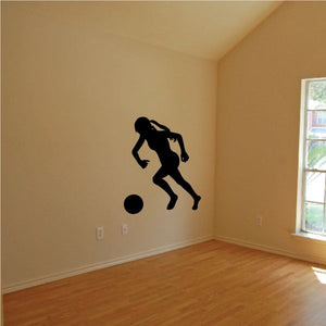 Soccer player wall decal with ball silhouette, black vinyl sticker