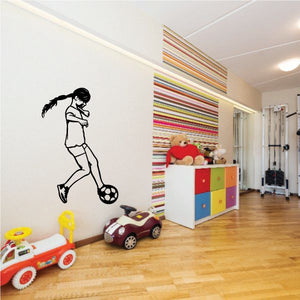 Black soccer player wall decal silhouette with ball, vinyl sticker