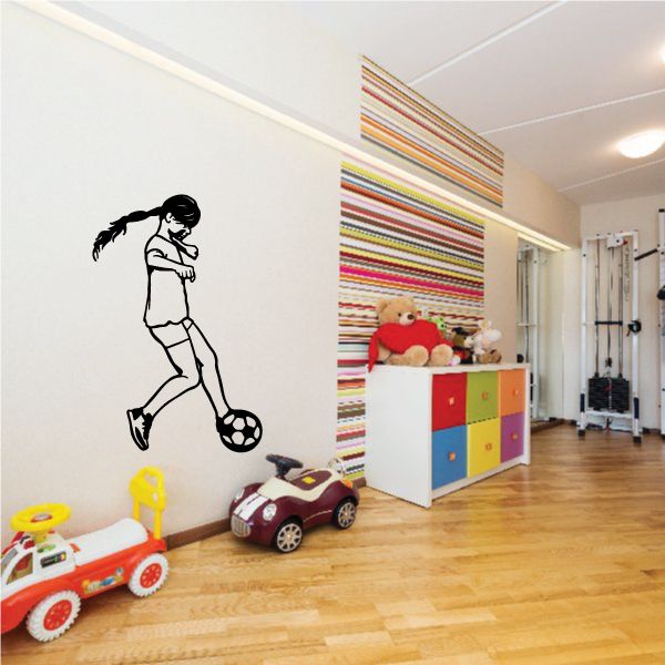 Black soccer player wall decal silhouette with ball, vinyl sticker