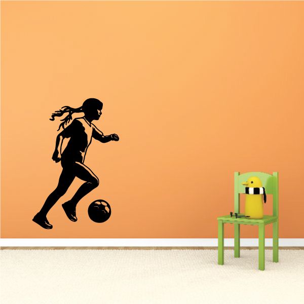 Black soccer player wall decal silhouette with ball, vinyl sticker graphic