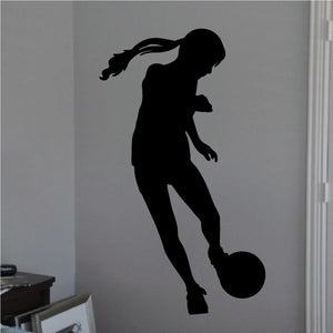 Black soccer player wall decal silhouette with soccer ball, vinyl