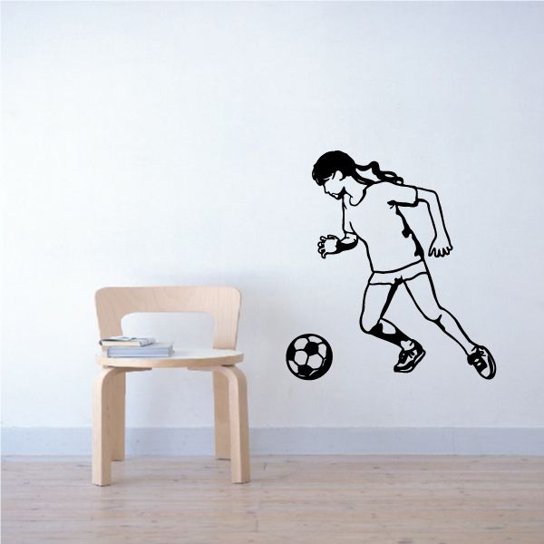 Soccer player vinyl wall decal, black outline kicking ball with soccer icon