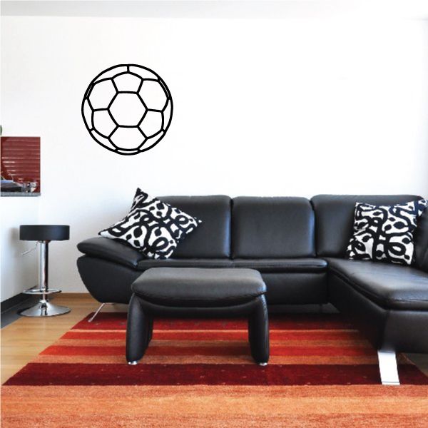 Soccer ball wall decal with black outline and curved stitching lines