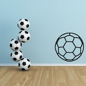 Soccer ball wall decal set: five black-and-white balls and one outline ball.