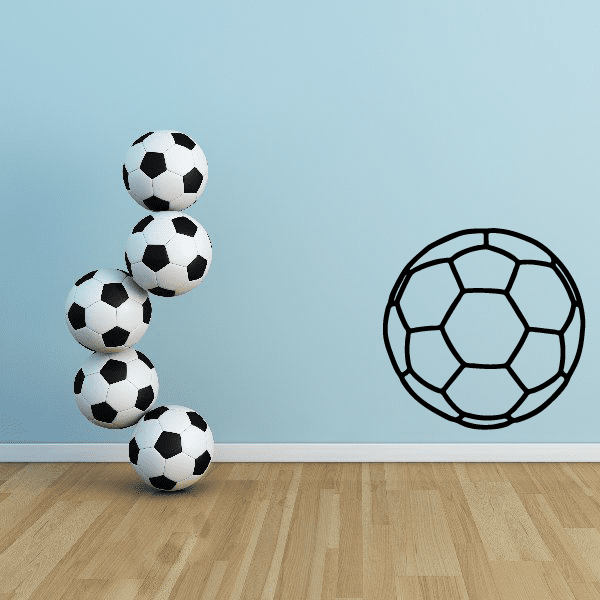 Soccer ball wall decal set: five black-and-white balls and one outline ball.