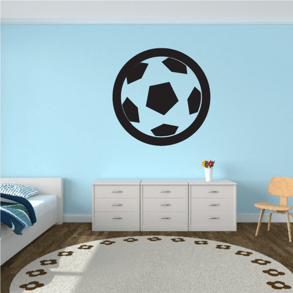 Soccer ball wall decal vinyl, black circle with blue and white soccer ball