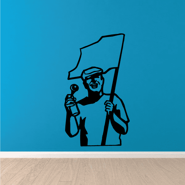 Soccer wall decal, vinyl soccer player holding a ball in blue and black