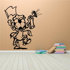 Soccer wall decal of a cartoon player kicking a soccer ball, vinyl sticker