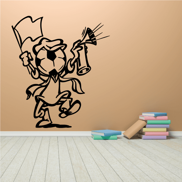 Soccer wall decal of a cartoon player kicking a soccer ball, vinyl sticker