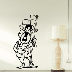 Soccer player vinyl wall decal, cartoon character holding a tall flag