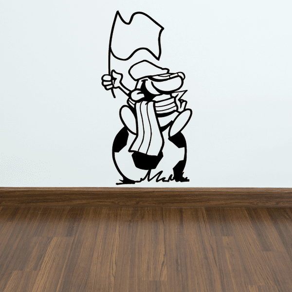 Black and white soccer player wall decal with striped jersey holding ball