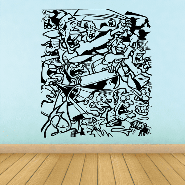 Soccer wall decal: black cartoon soccer players, fans, and vehicle scene vinyl