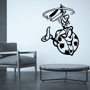 Soccer wall decal with cartoon goalie kicking a soccer ball, black outline