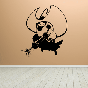 Soccer wall decal vinyl with cartoon player holding ball, black outline on beige.