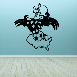 Soccer wall decal: cartoon soccer player with ball and stars, black and light blue.