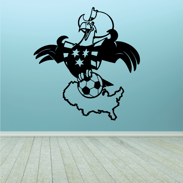 Soccer wall decal: cartoon soccer player with ball and stars, black and light blue.