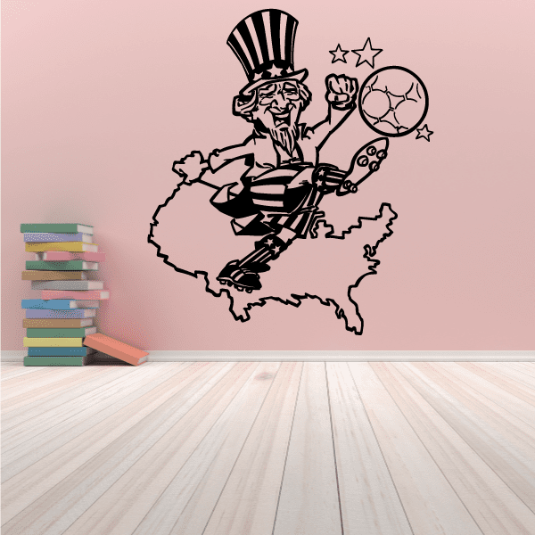 Soccer wall decal of cartoon soccer player holding ball inside soccer ball outline