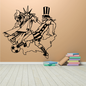 Soccer wall decal vinyl with cartoon players and soccer ball, black outline