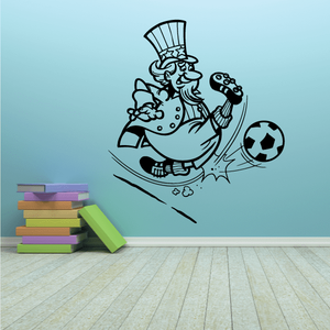 Soccer wall vinyl decal featuring cartoon coach holding soccer ball