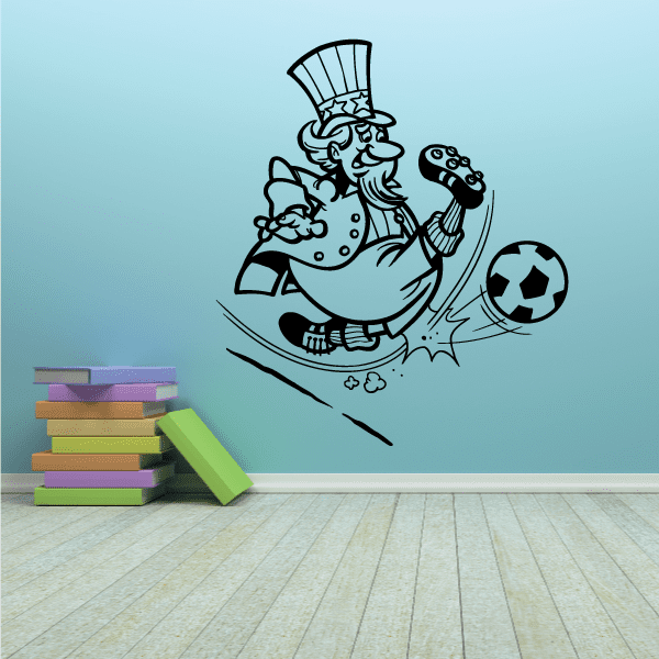 Soccer wall vinyl decal featuring cartoon coach holding soccer ball