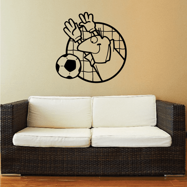 Soccer wall decal of a cartoon goalie holding a soccer ball in a net circle